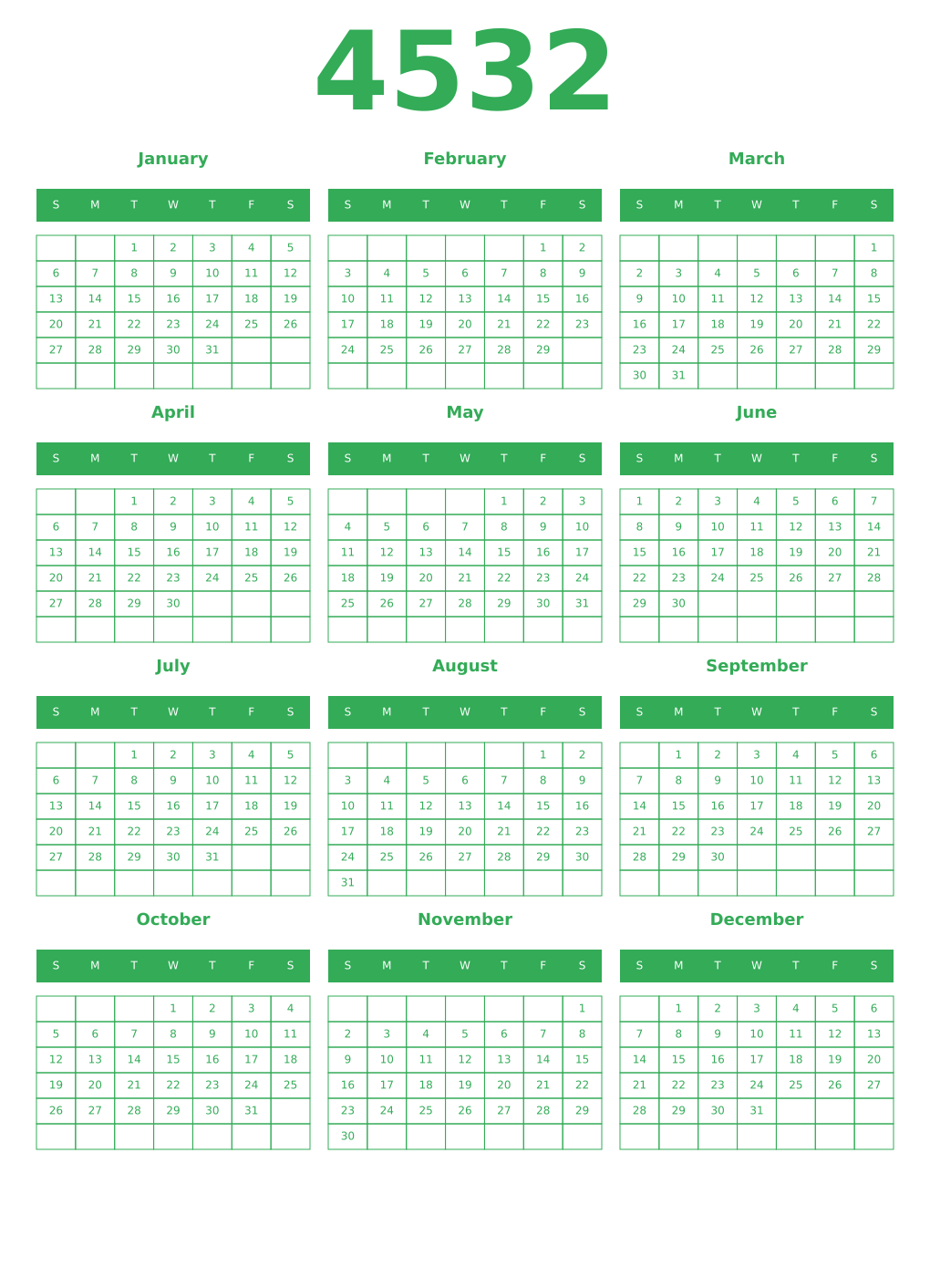 Printable 4532 Year Calendars green