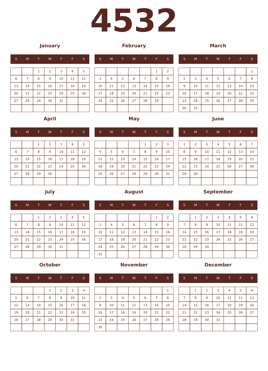 Printable 4532 Year Calendars mortuum