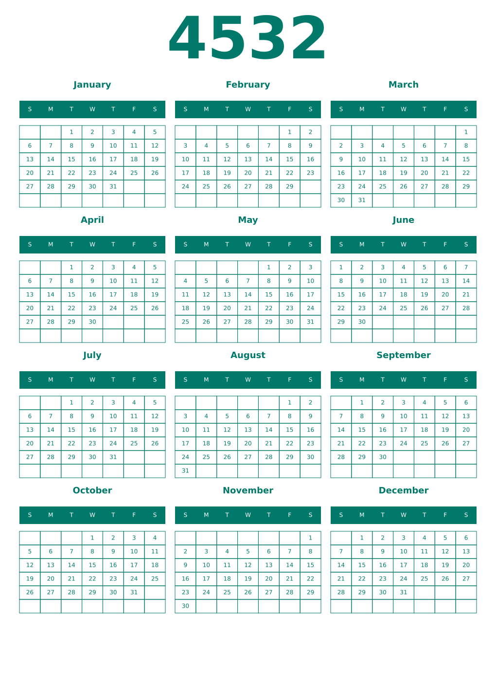 Printable 4532 Year Calendars pastel