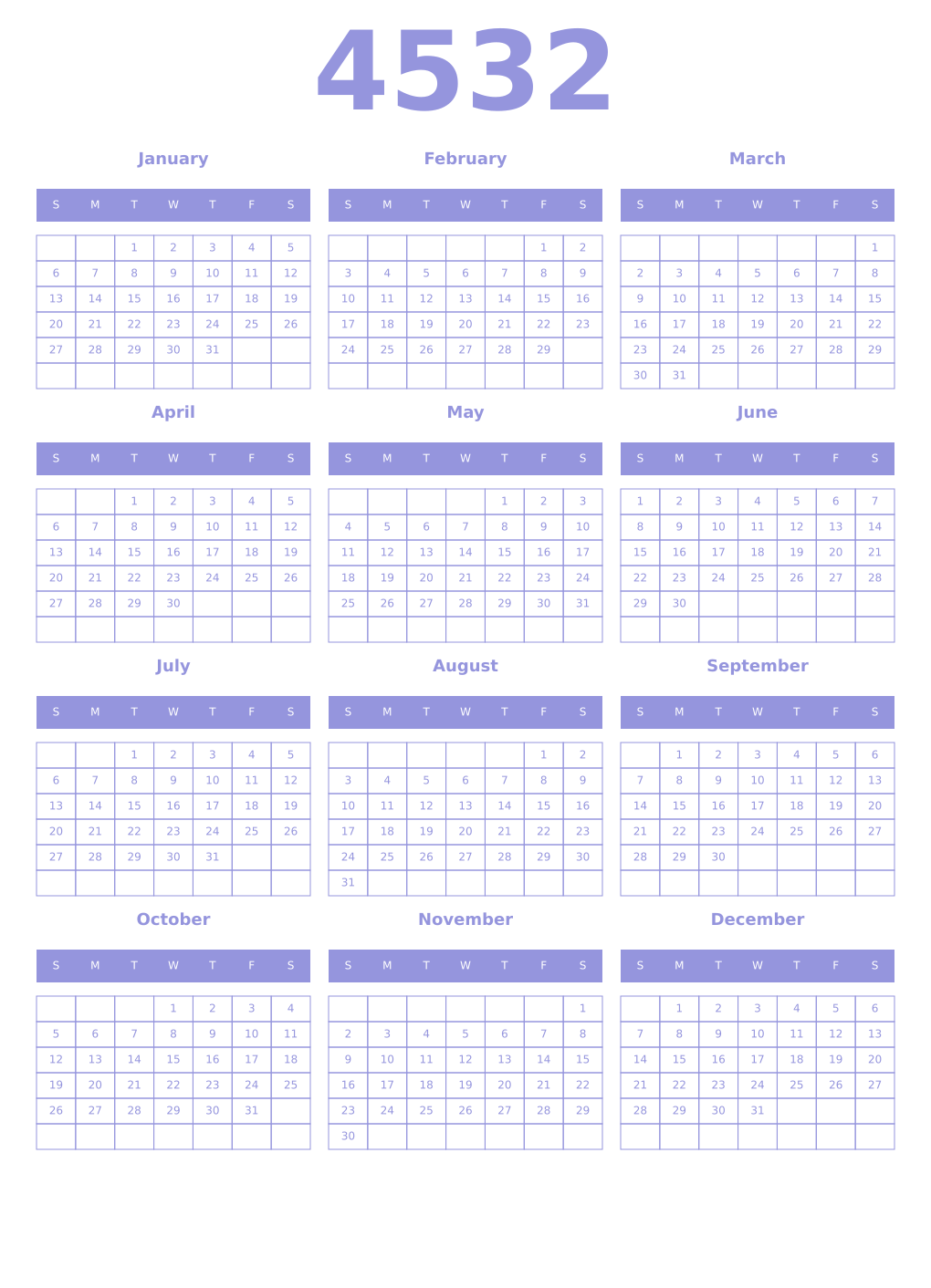 Printable 4532 Year Calendars periwinkle