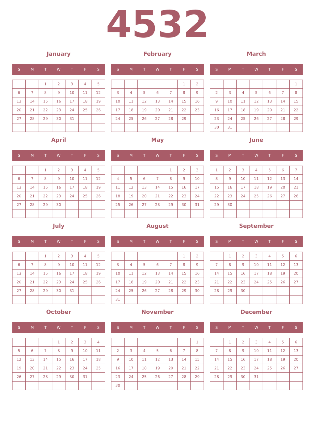 Printable 4532 Year Calendars puce