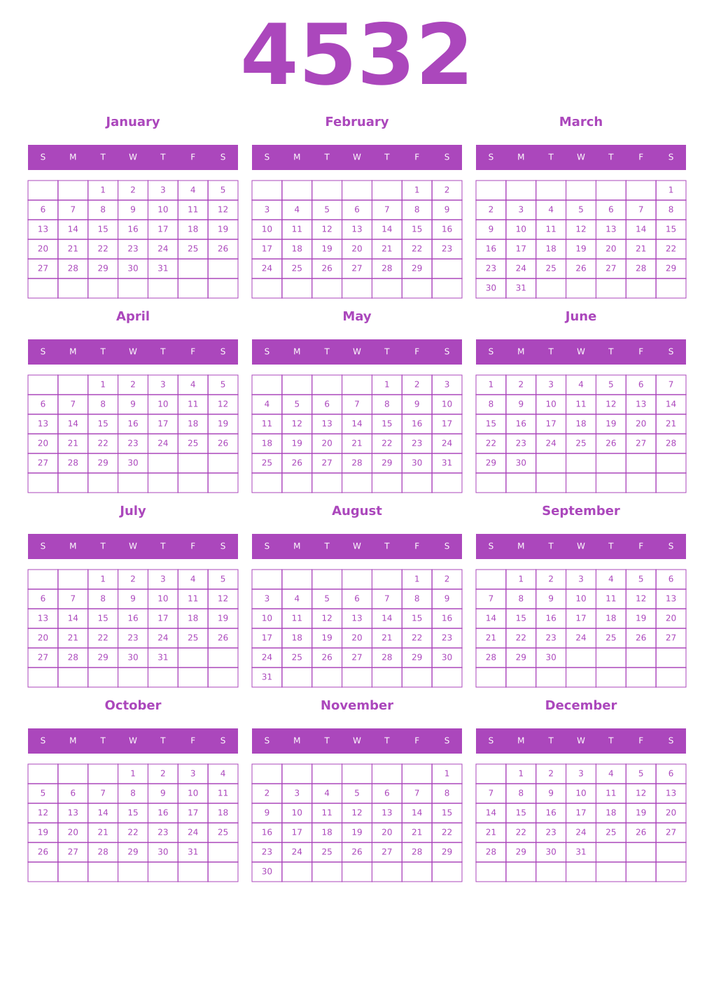 Printable 4532 Year Calendars purple