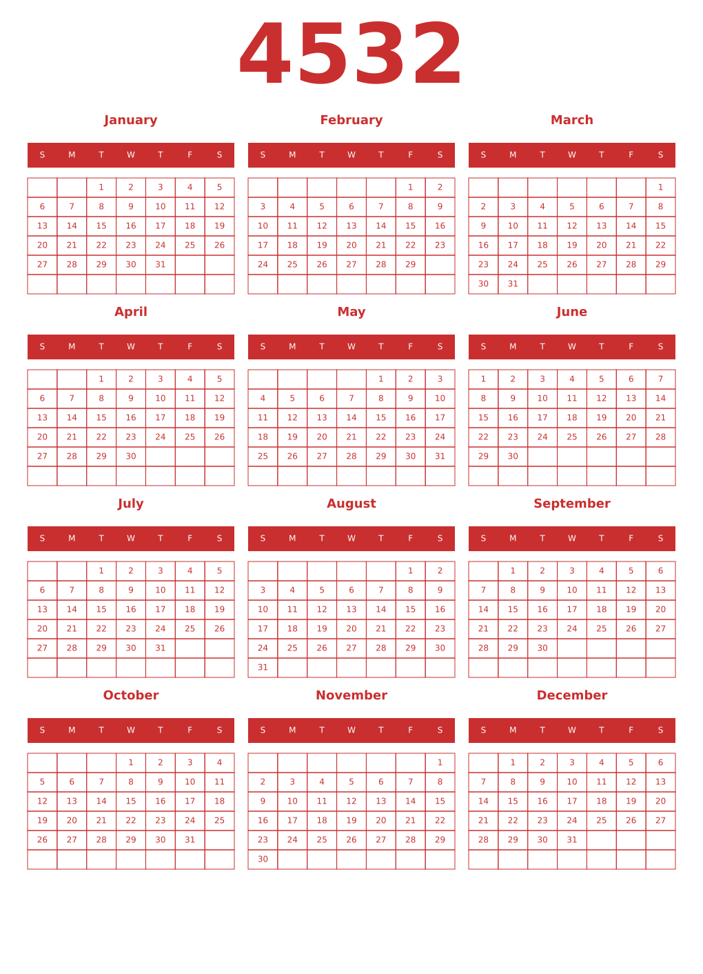 Printable 4532 Year Calendars red