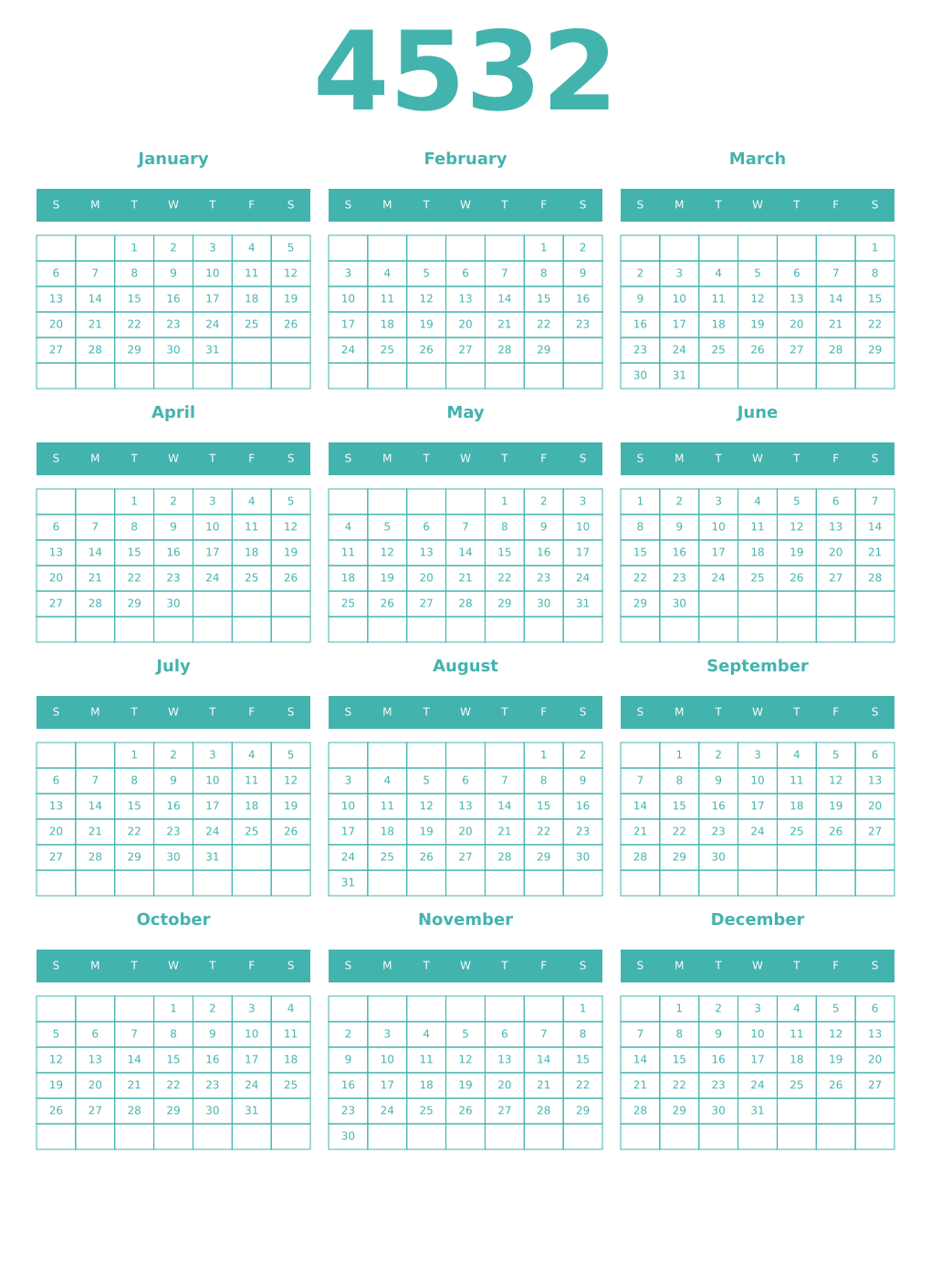 Printable 4532 Year Calendars verdigris