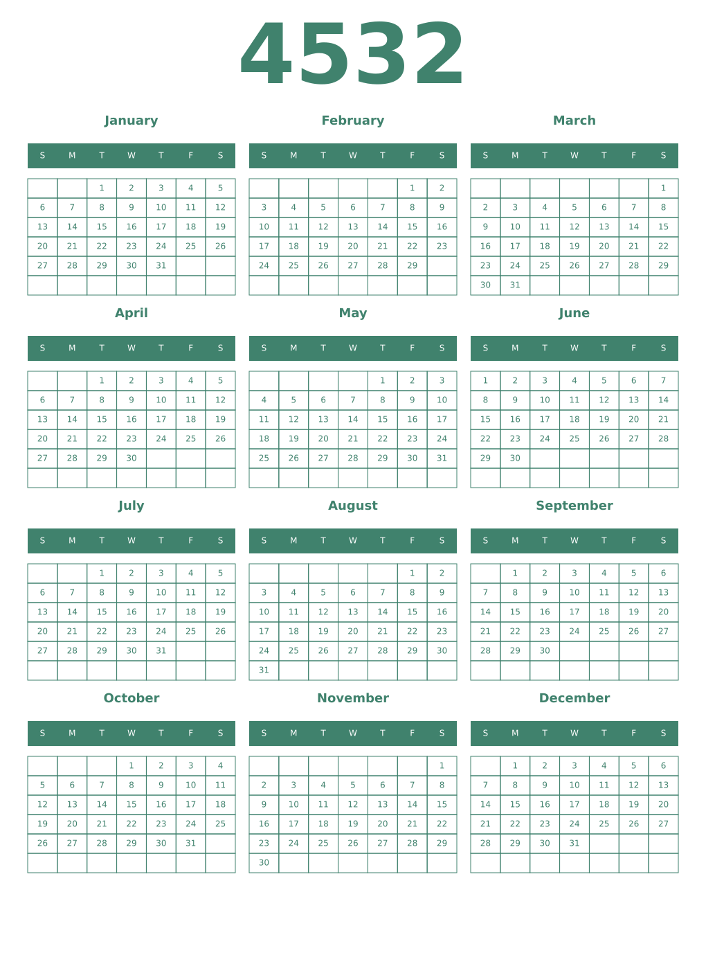 Printable 4532 Year Calendars viridian