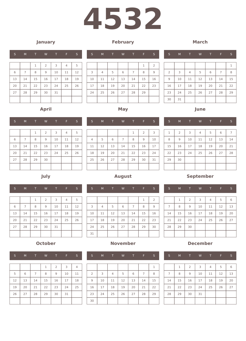 Printable 4532 Year Calendars wenge