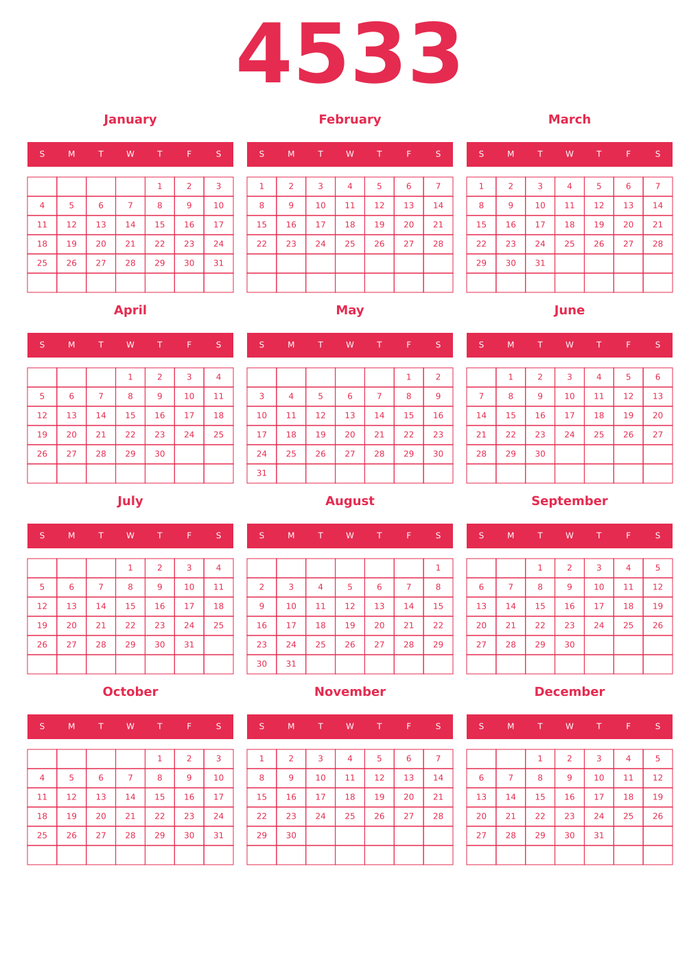 Printable 4533 Year Calendars amaranth