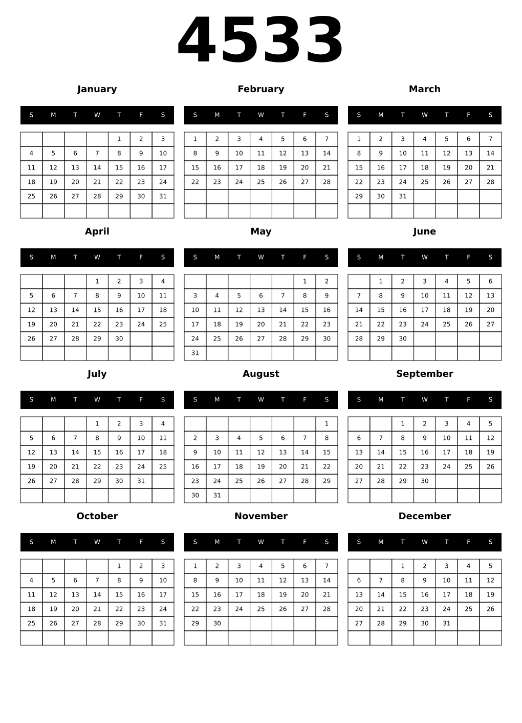 Printable 4533 Year Calendars black