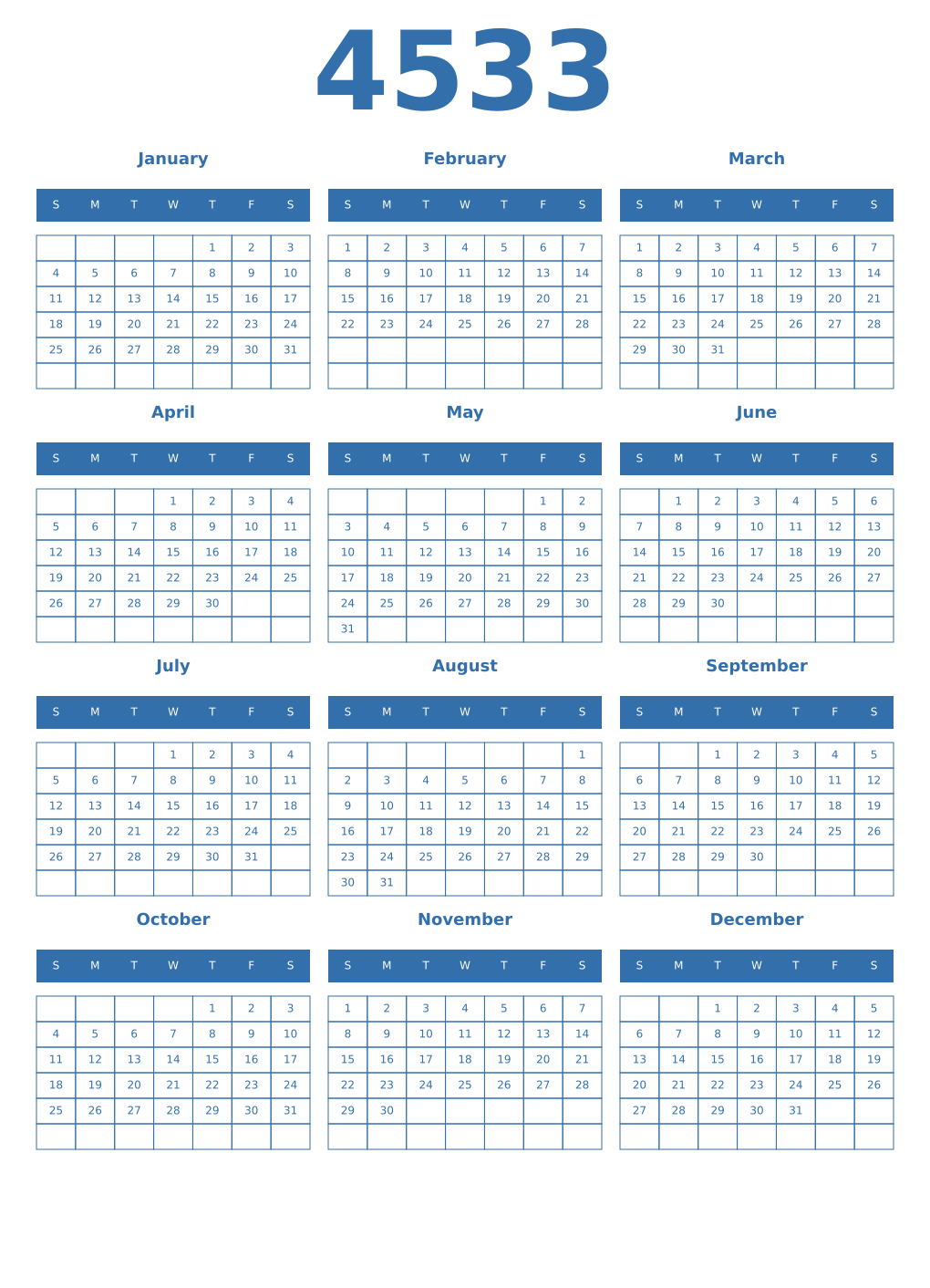 Printable 4533 Year Calendars blue