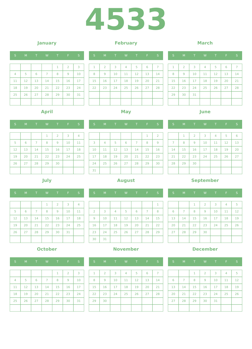 Printable 4533 Year Calendars celadon