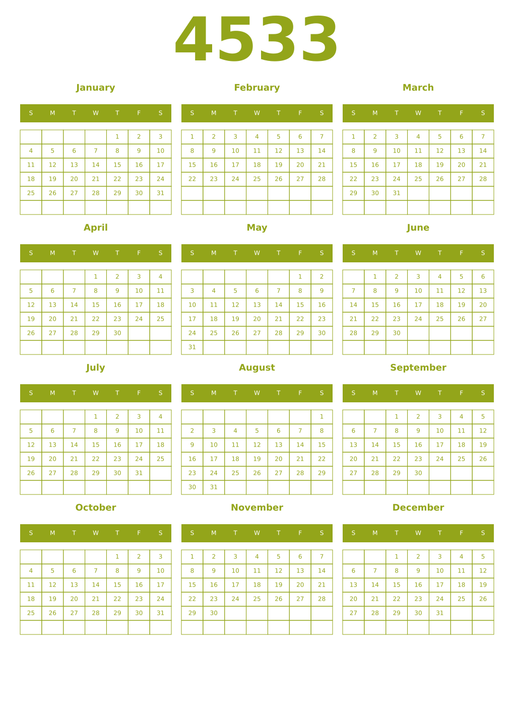 Printable 4533 Year Calendars chartreuse