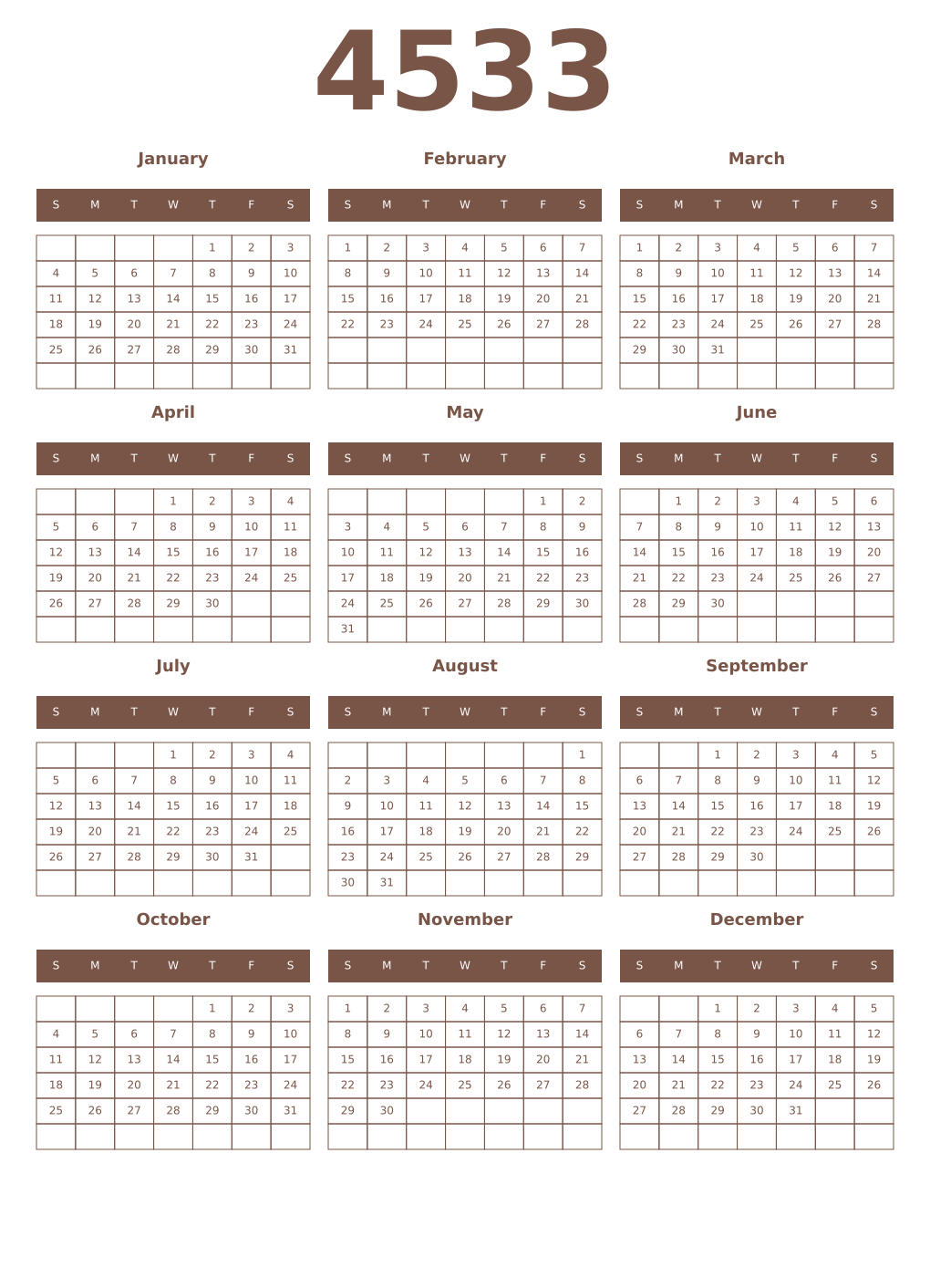 Printable 4533 Year Calendars coffe