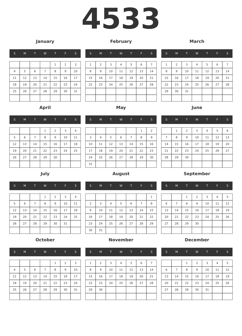 Printable 4533 Year Calendars dark