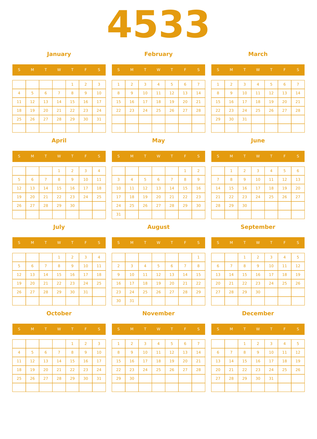 Printable 4533 Year Calendars gamboge