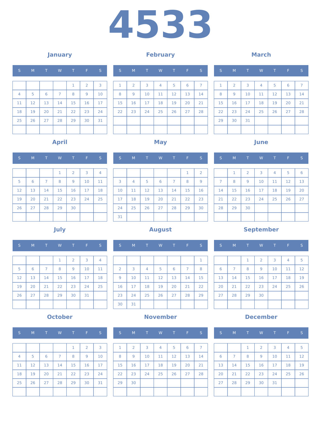 Printable 4533 Year Calendars glaucous
