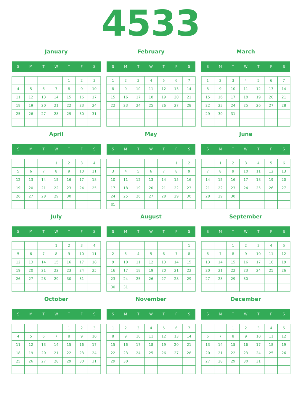 Printable 4533 Year Calendars green