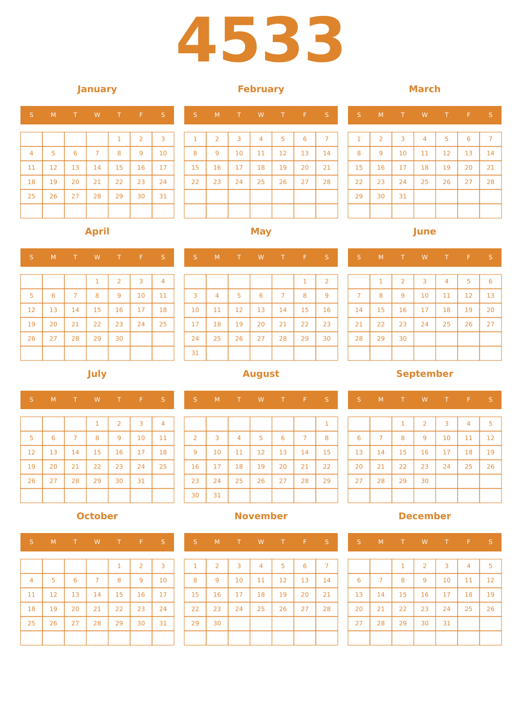 Printable 4533 Year Calendars orange