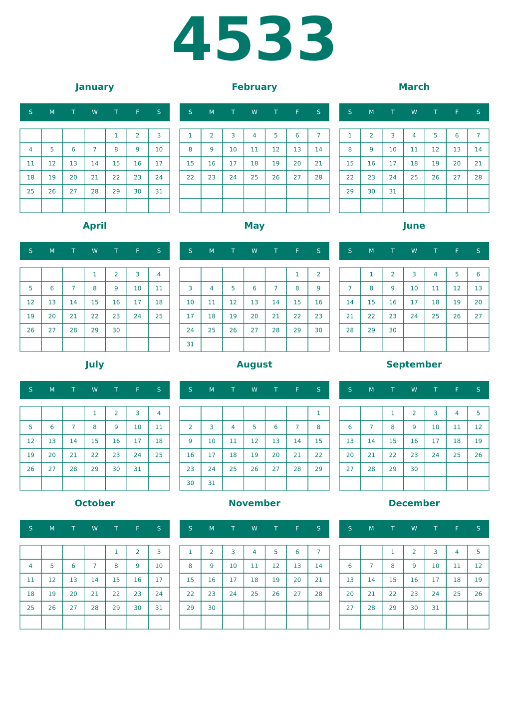 Printable 4533 Year Calendars pastel