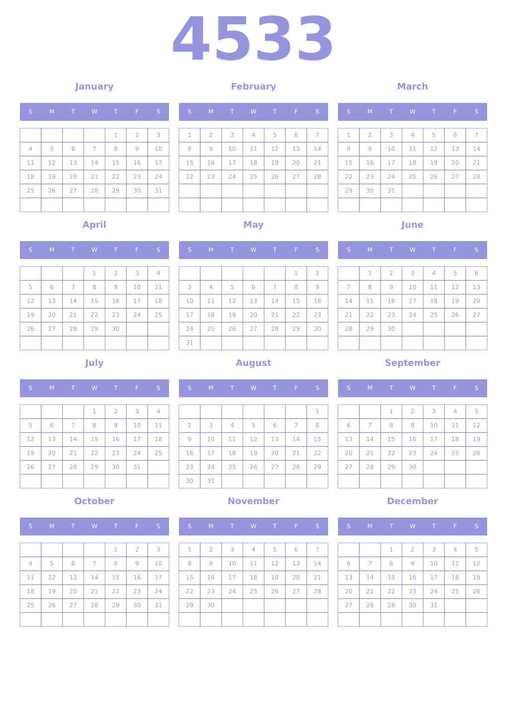 Printable 4533 Year Calendars periwinkle