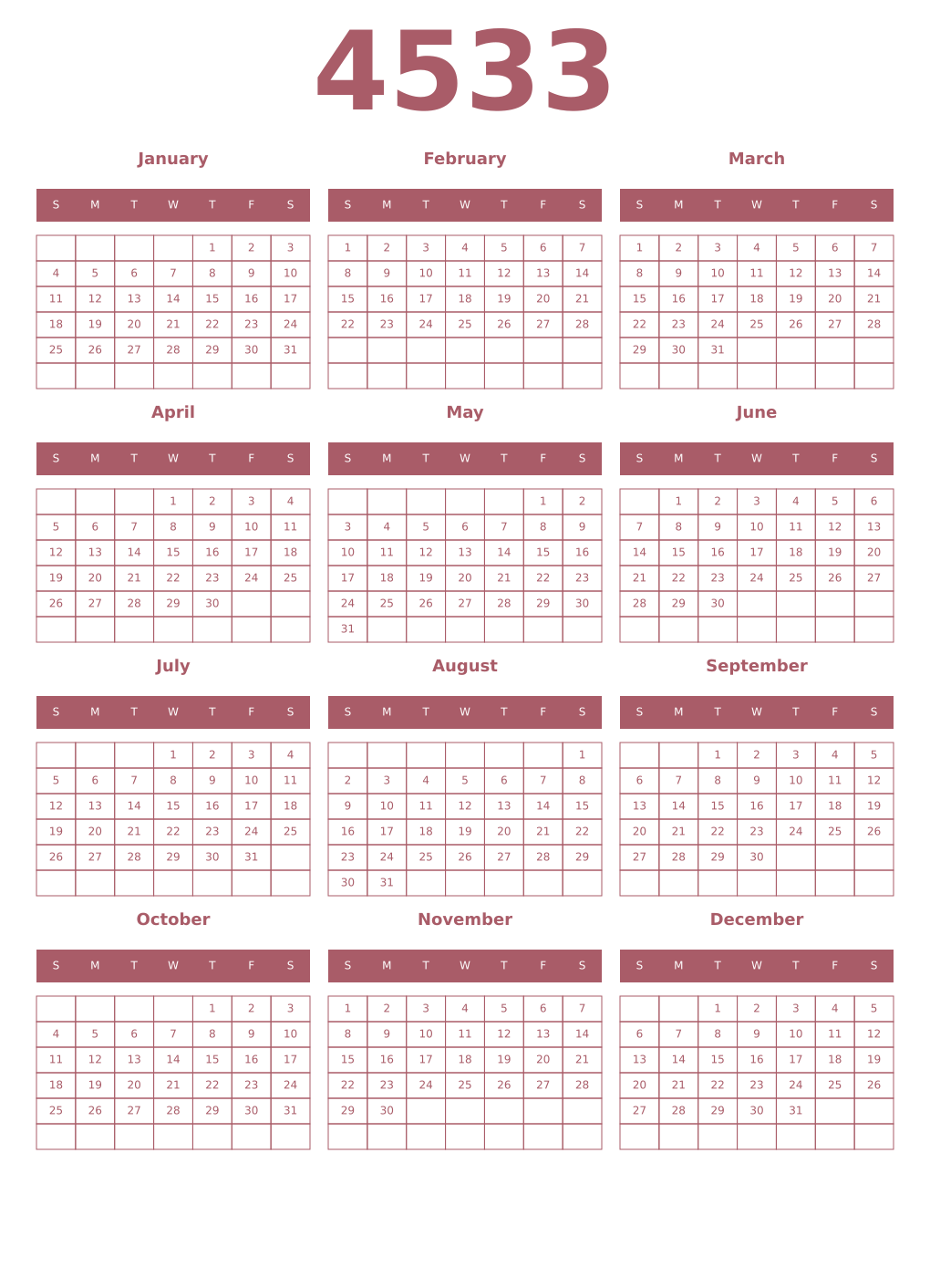 Printable 4533 Year Calendars puce