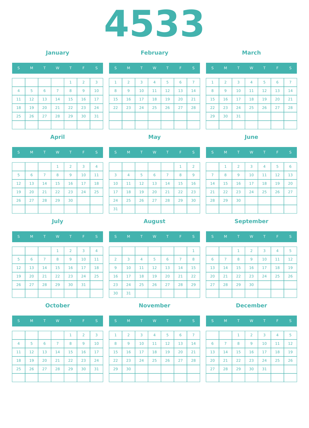 Printable 4533 Year Calendars verdigris