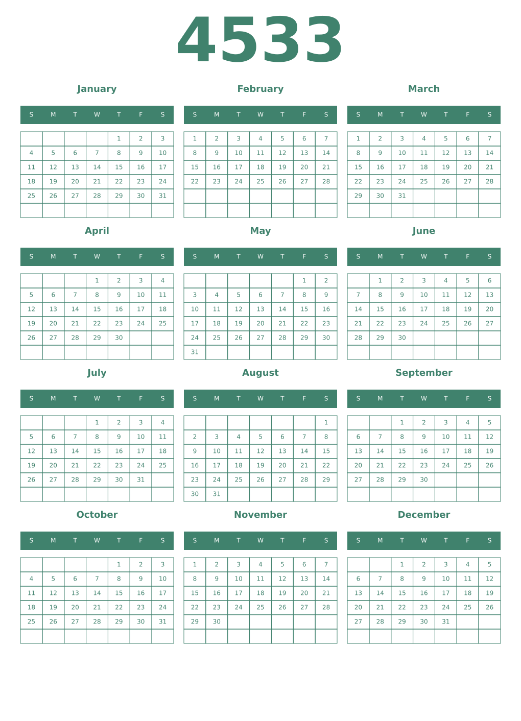 Printable 4533 Year Calendars viridian