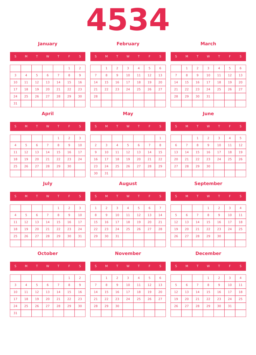 Printable 4534 Year Calendars amaranth