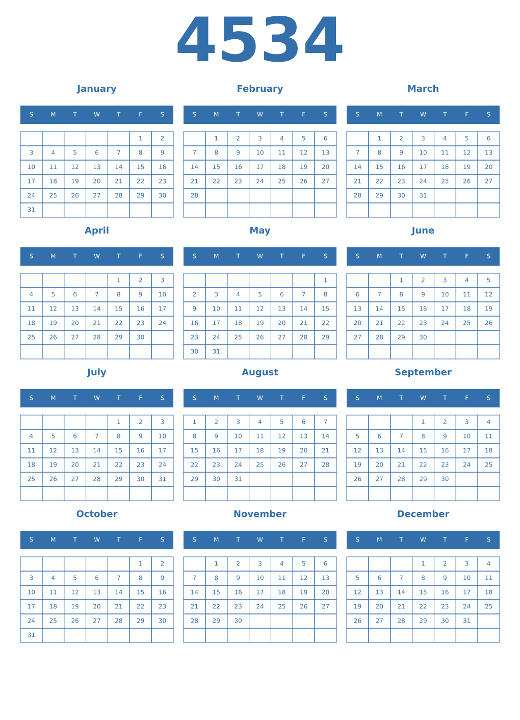 Printable 4534 Year Calendars blue