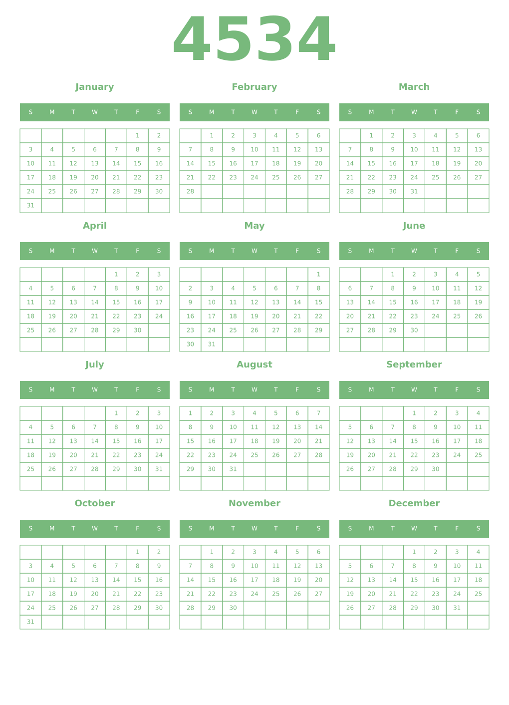 Printable 4534 Year Calendars celadon