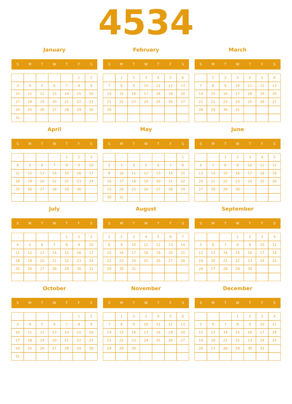 Printable 4534 Year Calendars gamboge