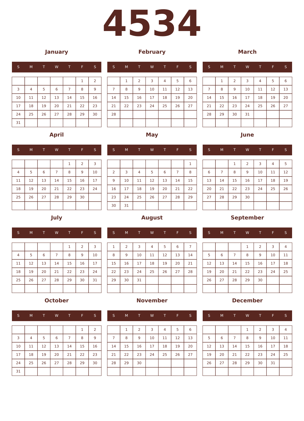 Printable 4534 Year Calendars mortuum