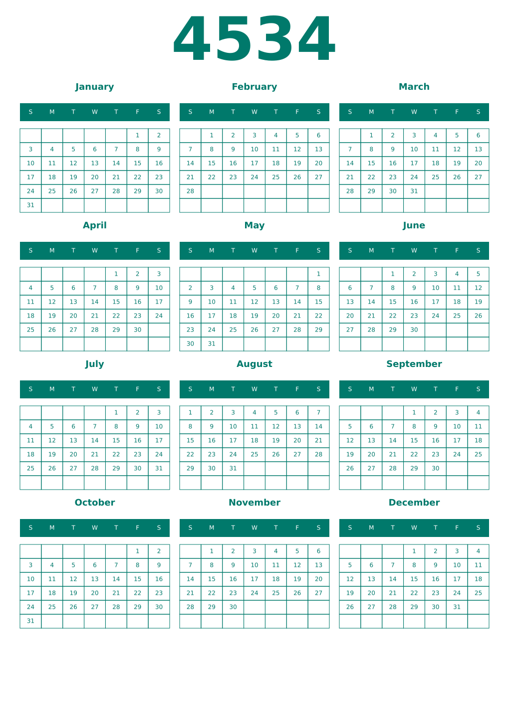 Printable 4534 Year Calendars pastel