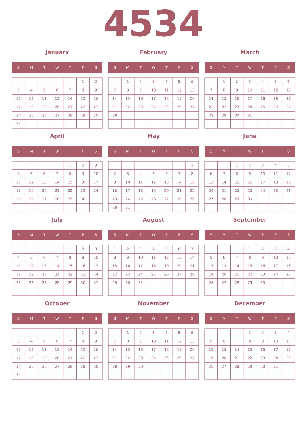 Printable 4534 Year Calendars puce