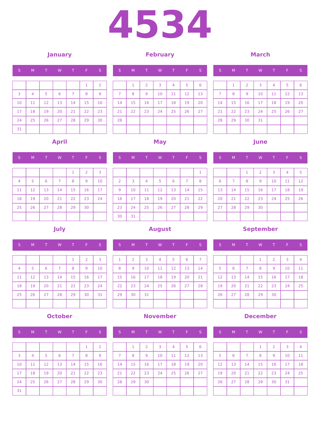 Printable 4534 Year Calendars purple