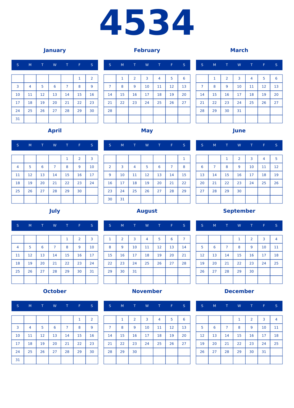 Printable 4534 Year Calendars smalt