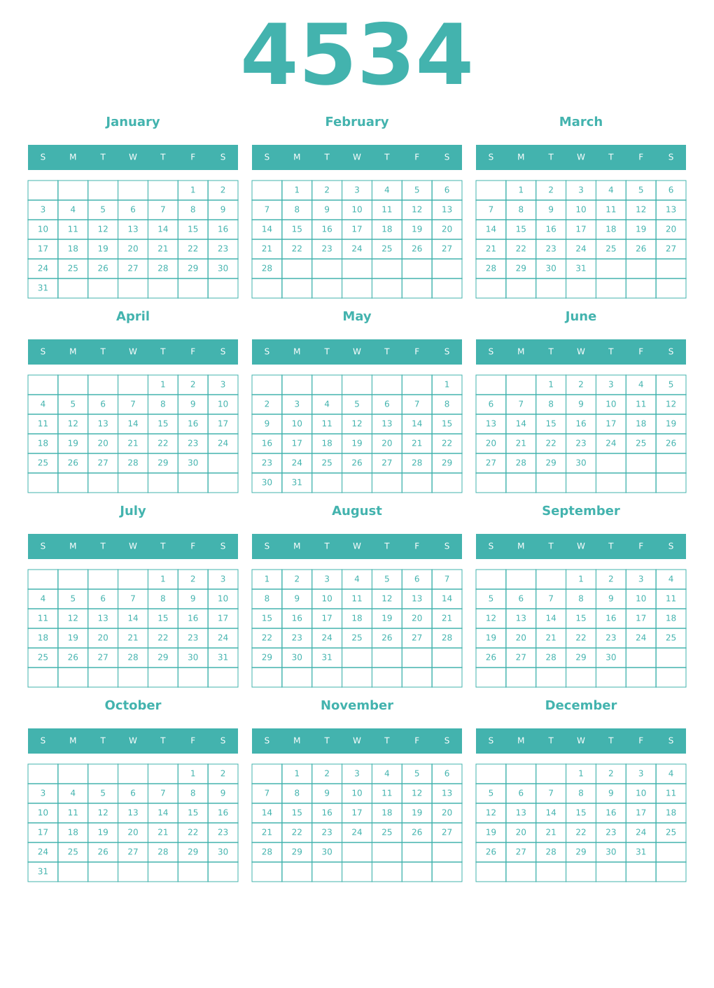 Printable 4534 Year Calendars verdigris