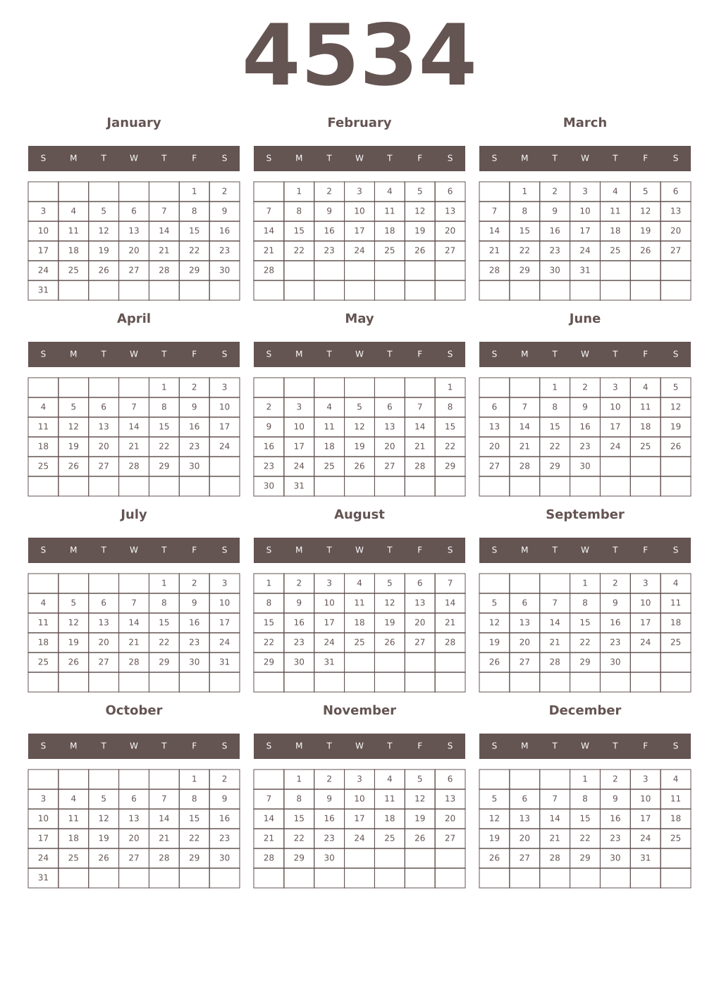 Printable 4534 Year Calendars wenge