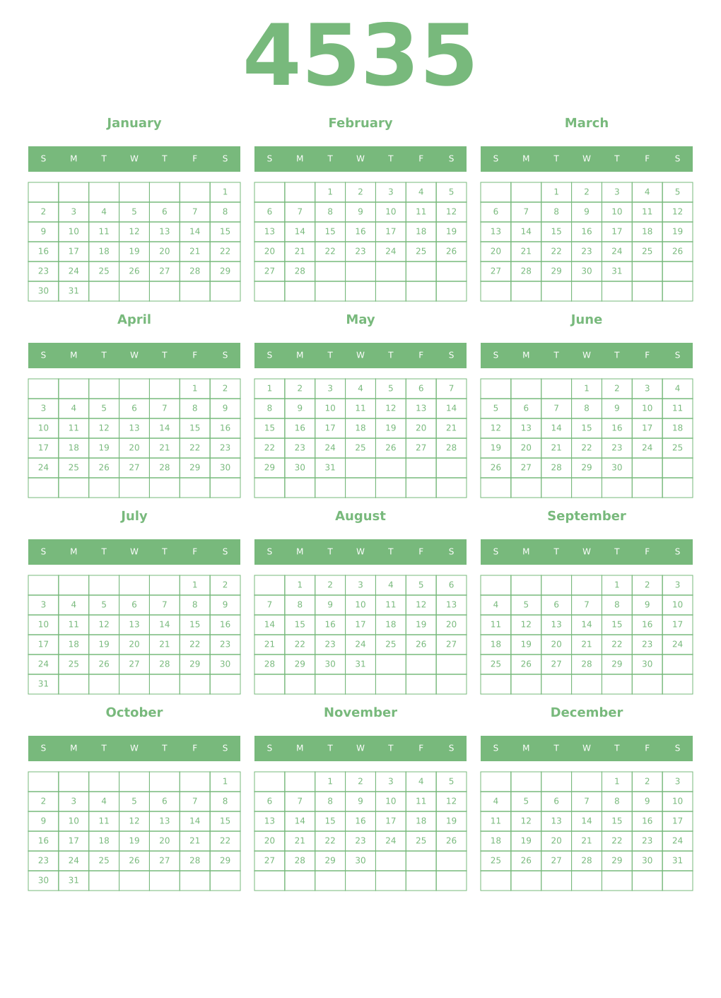 Printable 4535 Year Calendars celadon