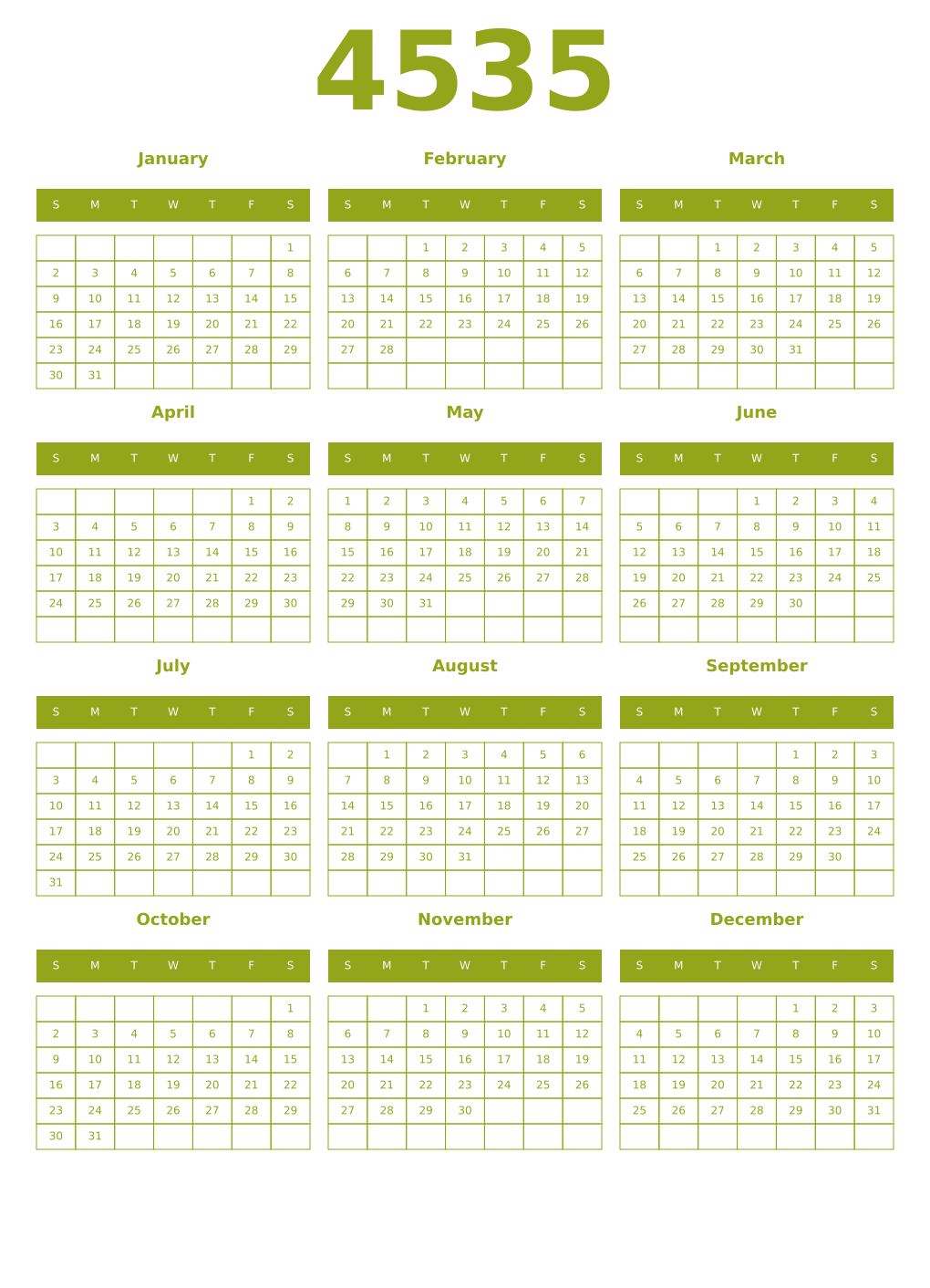 Printable 4535 Year Calendars chartreuse