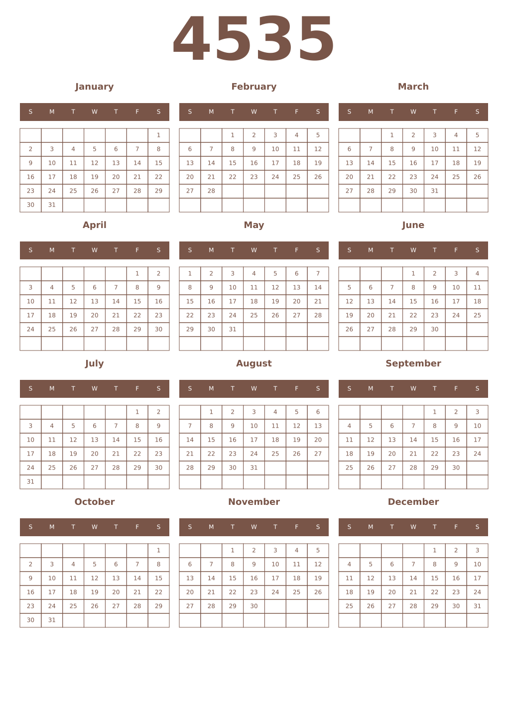 Printable 4535 Year Calendars coffe