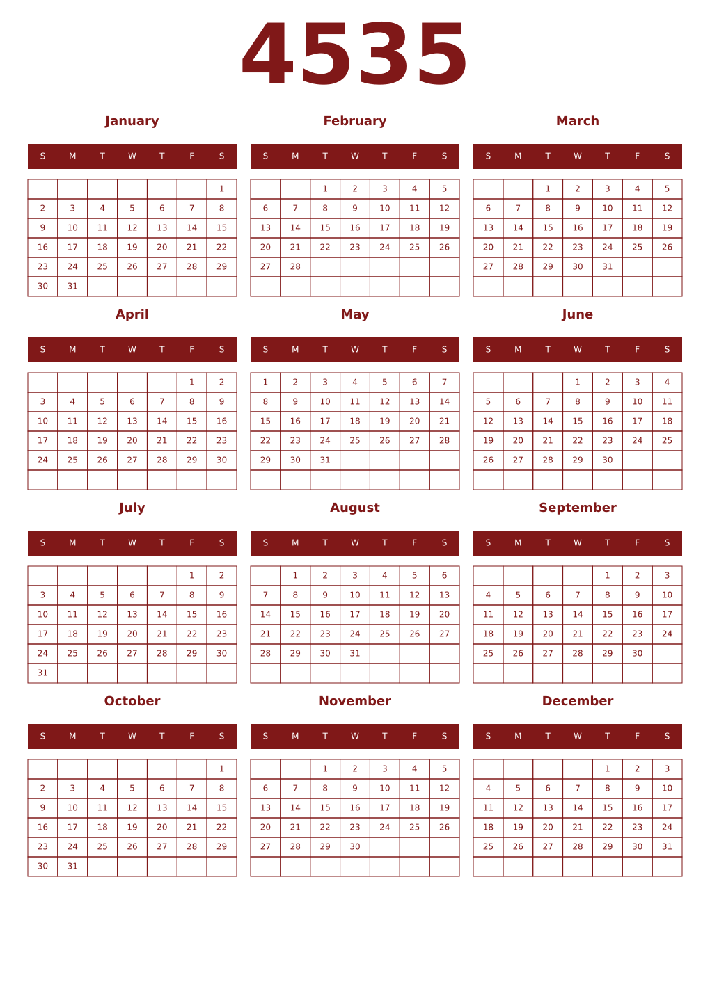 Printable 4535 Year Calendars falu