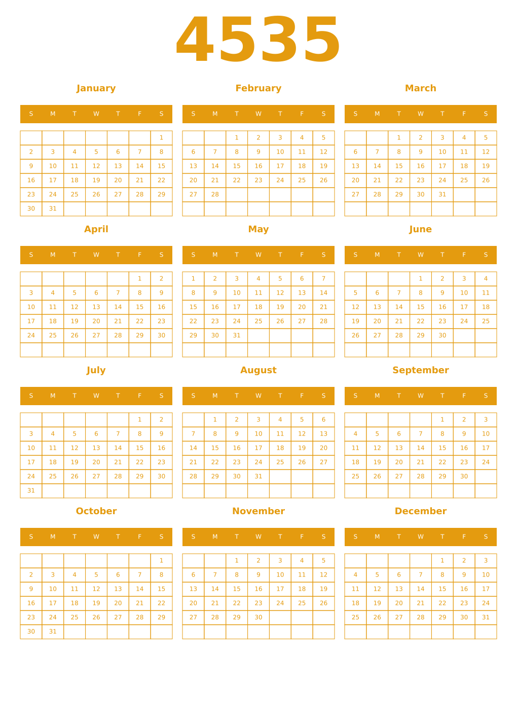 Printable 4535 Year Calendars gamboge