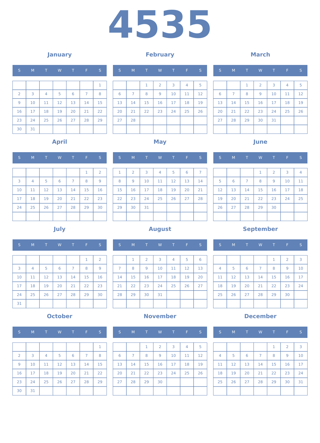 Printable 4535 Year Calendars glaucous