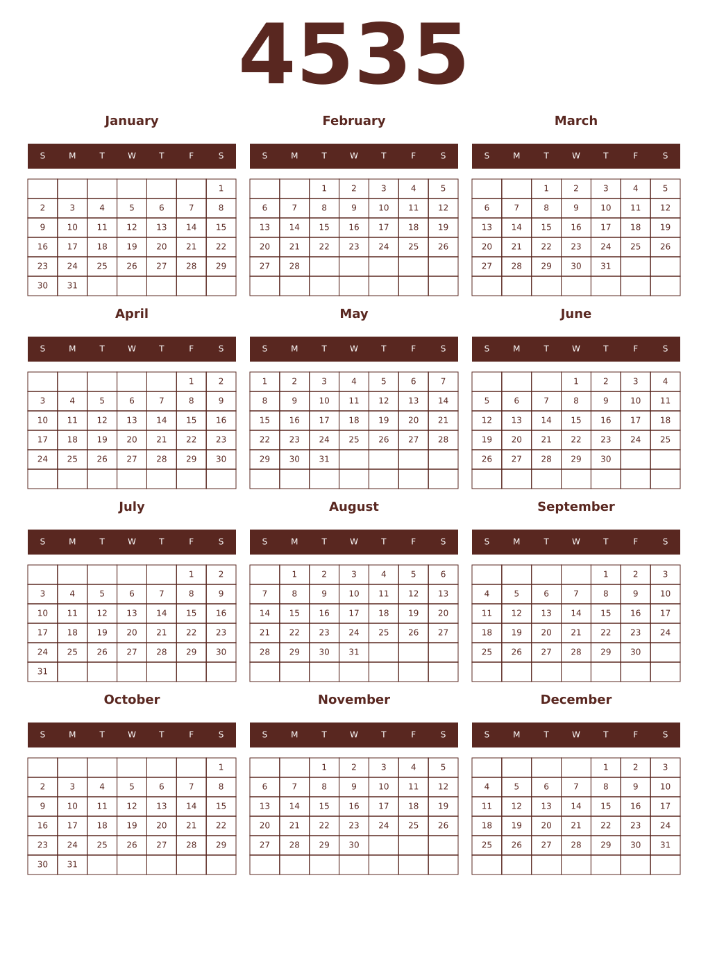 Printable 4535 Year Calendars mortuum