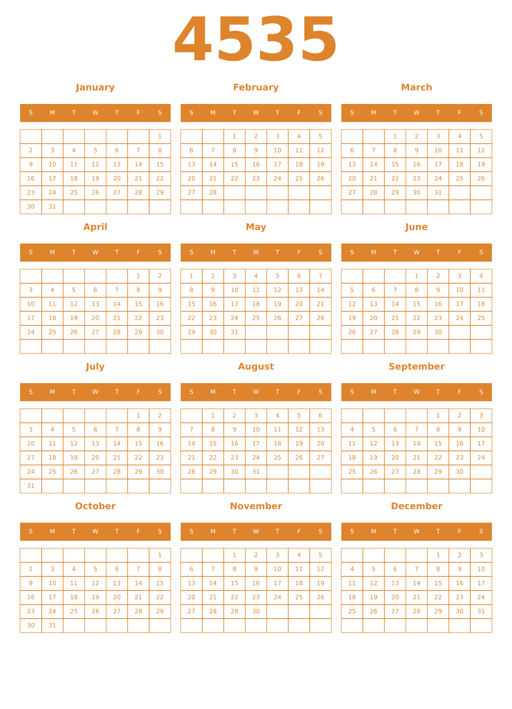 Printable 4535 Year Calendars orange