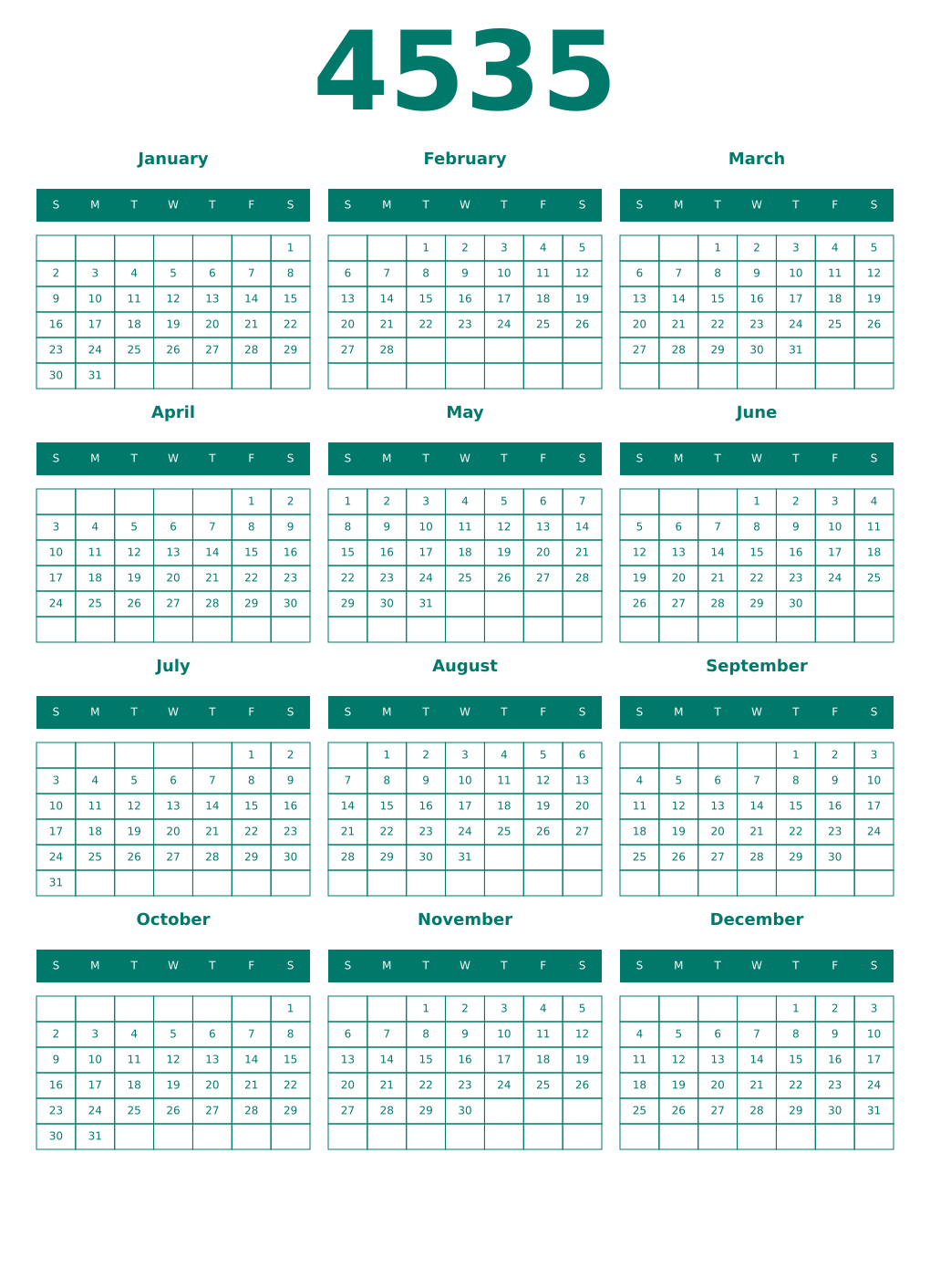 Printable 4535 Year Calendars pastel