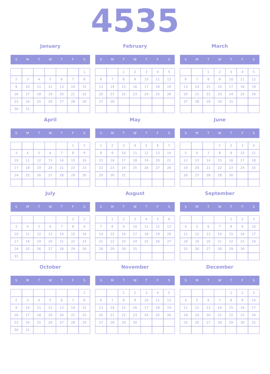Printable 4535 Year Calendars periwinkle