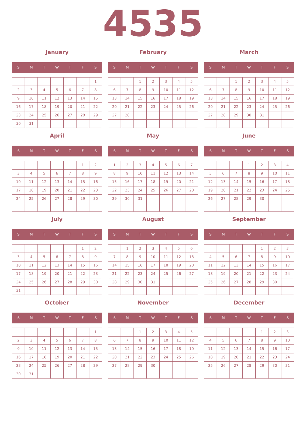 Printable 4535 Year Calendars puce
