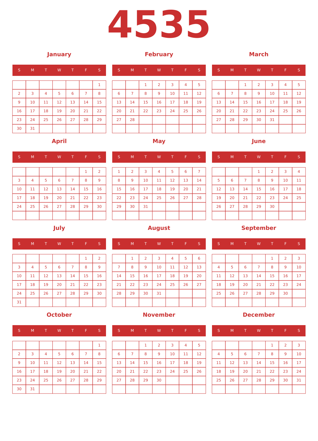 Printable 4535 Year Calendars red