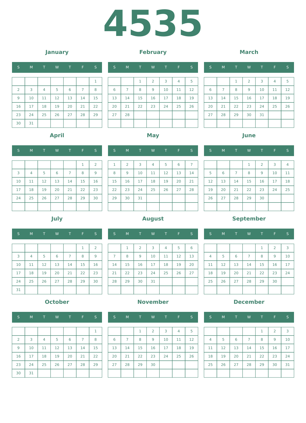 Printable 4535 Year Calendars viridian